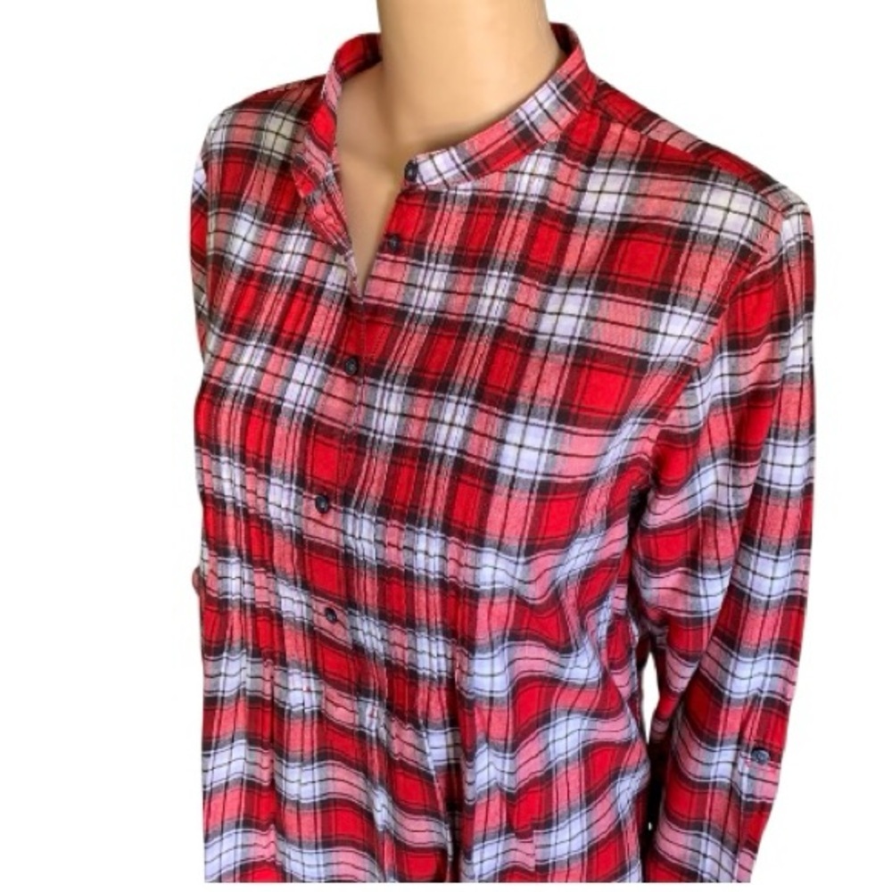 LANDSEND Women’s 100% Cotton Flannel Pintuck Roll Sleeve Banded Collar Tunic Top